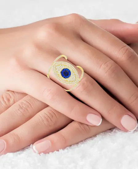 Sterling Silver Gold Flash Plated Blue Spinel & CZ Evil Eye Ring